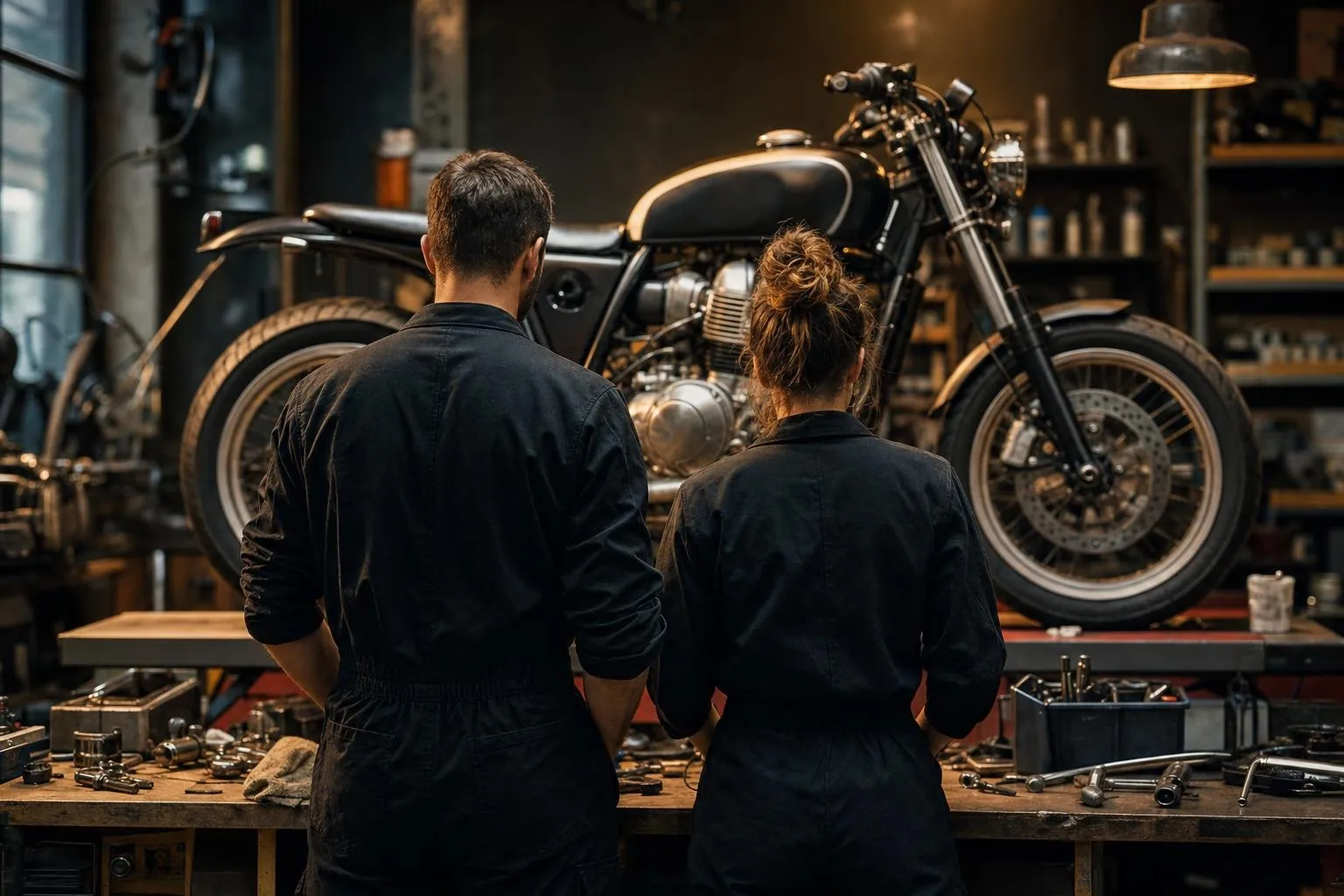 Zwei Technikerinnen und Techniker von hinten an der Werkbank, dahinter ein Motorrad auf der Hebebühne