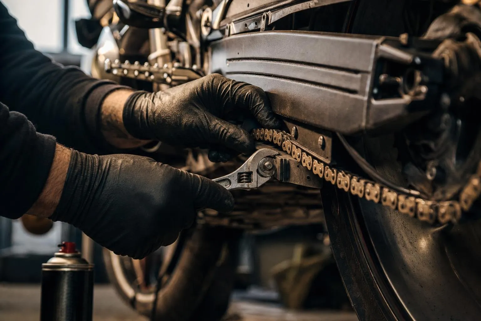Hände in Arbeitshandschuhen spannen die Antriebskette eines Motorrads