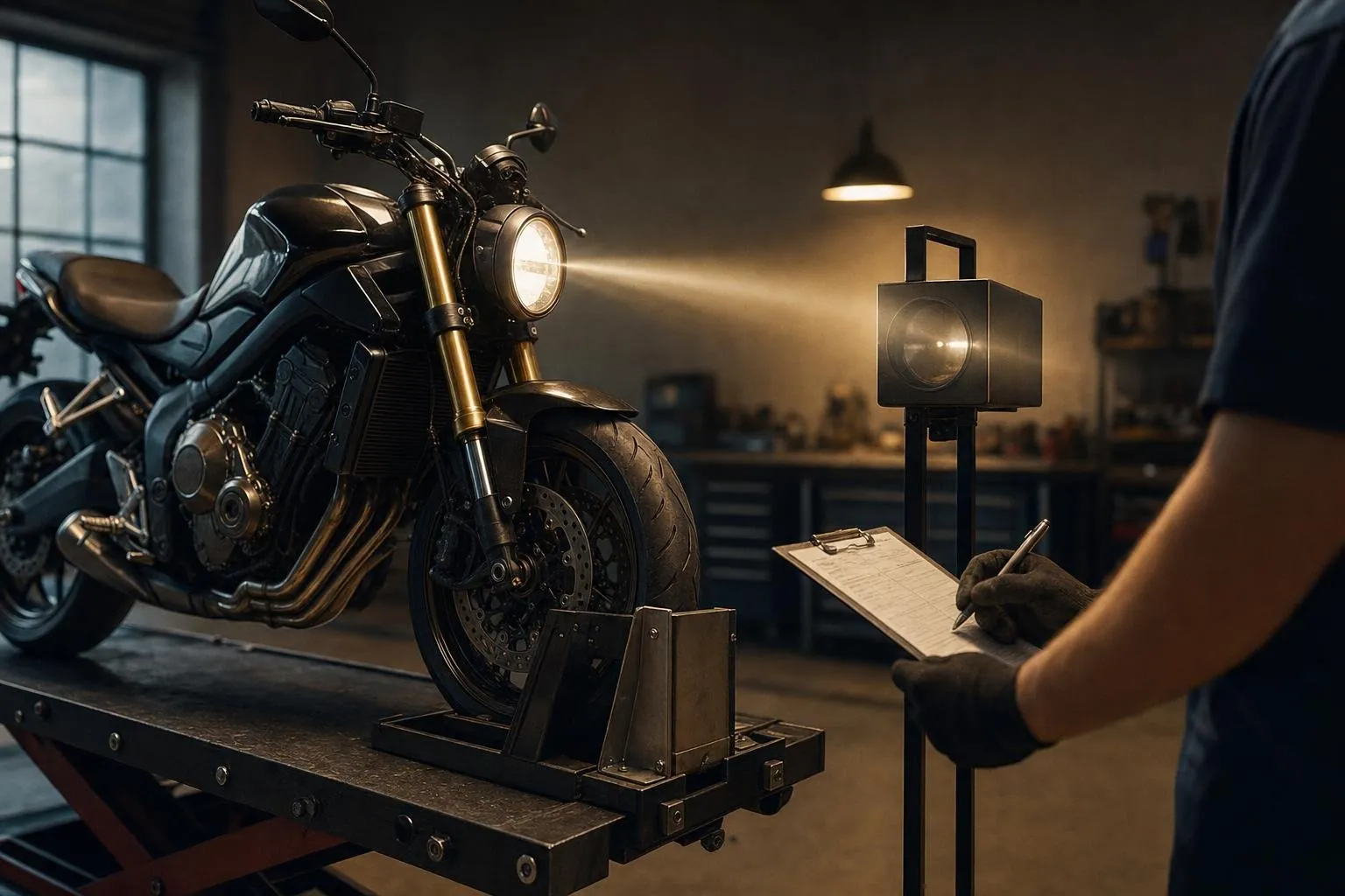 Motorrad auf der Hebebühne bei der Scheinwerfer-Einstellung für die §57a-Begutachtung