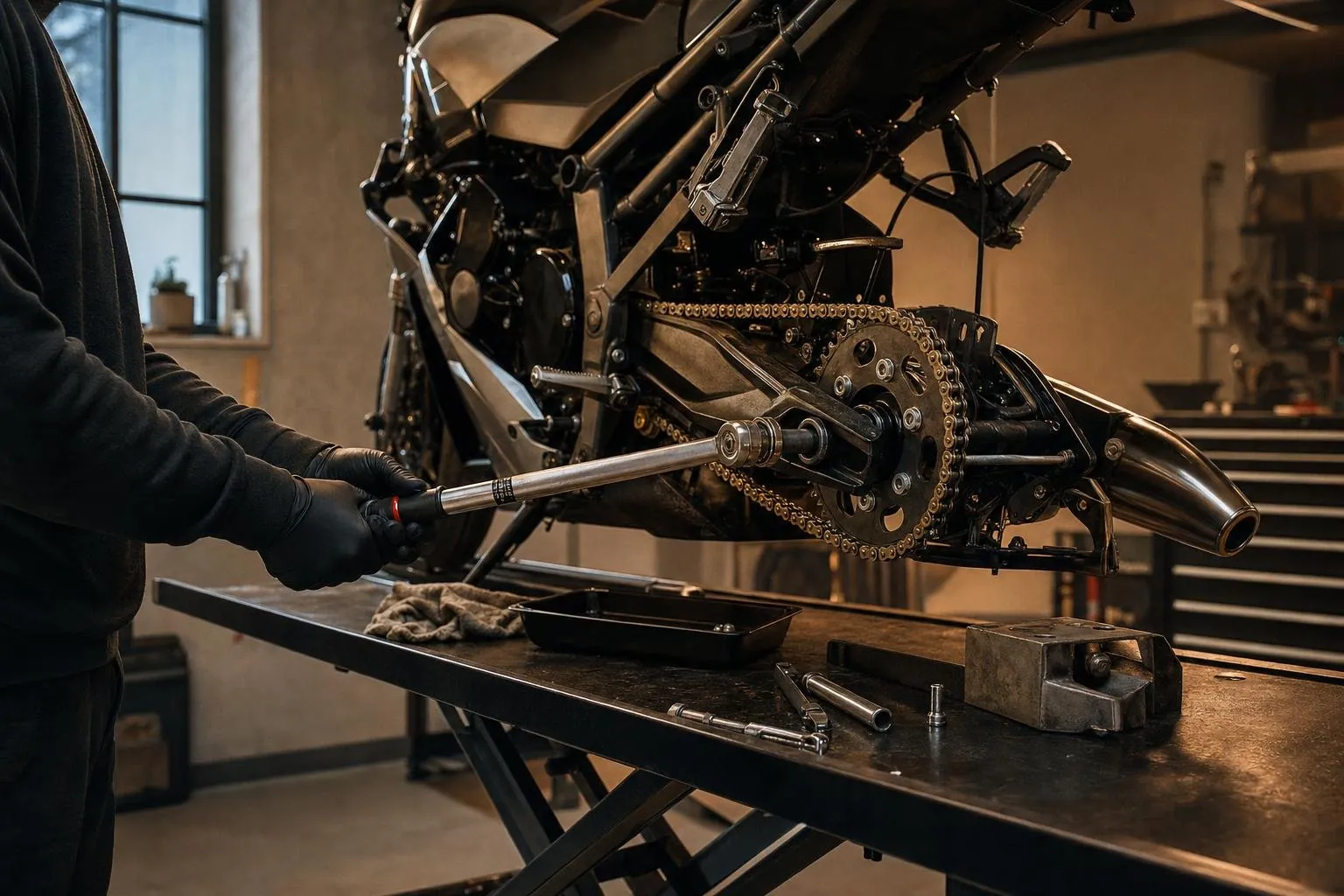 Mechaniker arbeitet mit Drehmomentschlüssel an einem Motorrad auf der Hebebühne